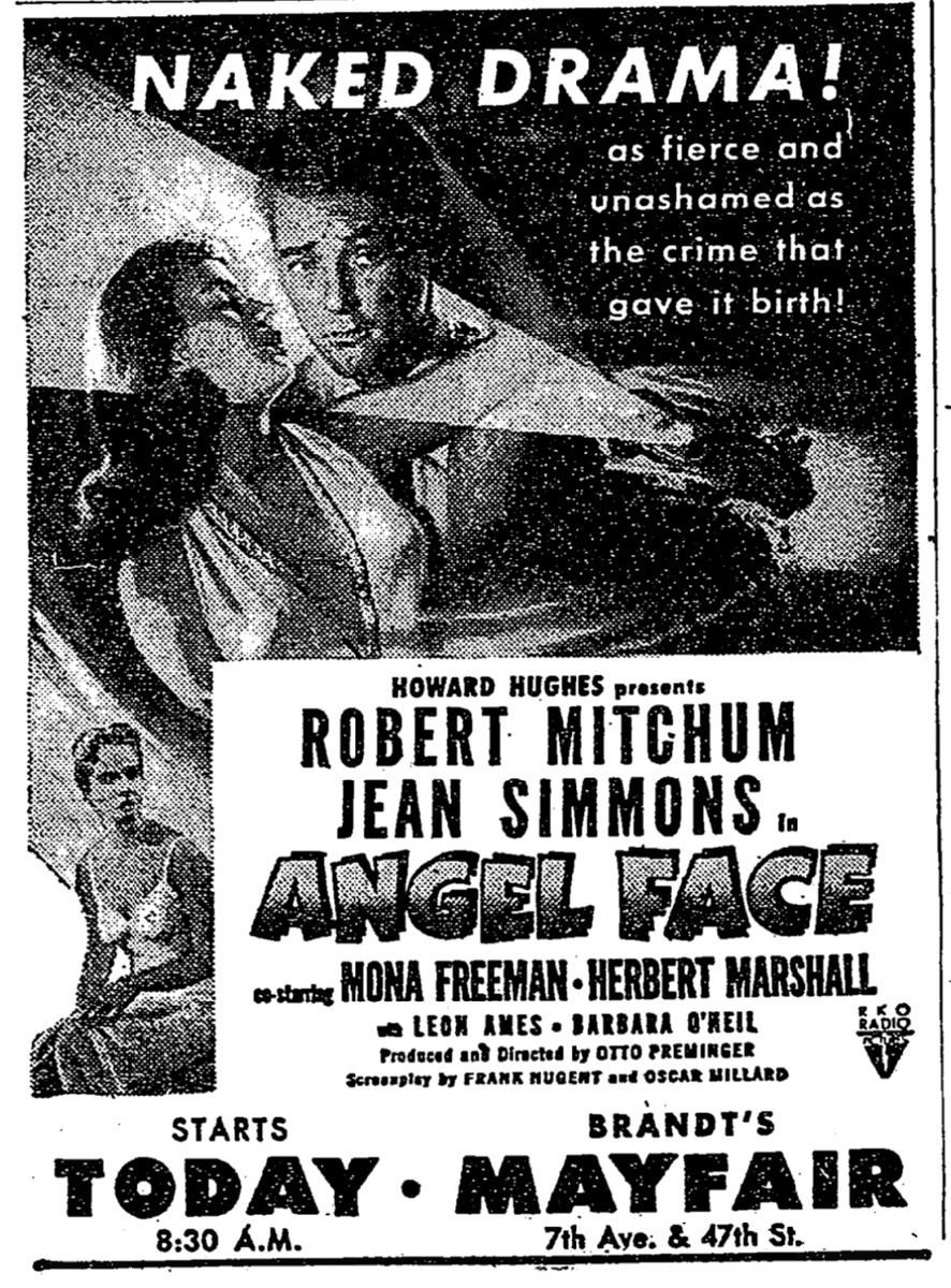 RosieBillTeam's tweet image. #AngelFace (the) new melodrama at the Mayfair (4/24/1953), is an exasperating blend of genuine talent, occasional perceptiveness and turgid psychological claptrap that enhances neither R. K. O., which should know better, nor the participants. - NYTimes #RobertMitchum #TCMParty
