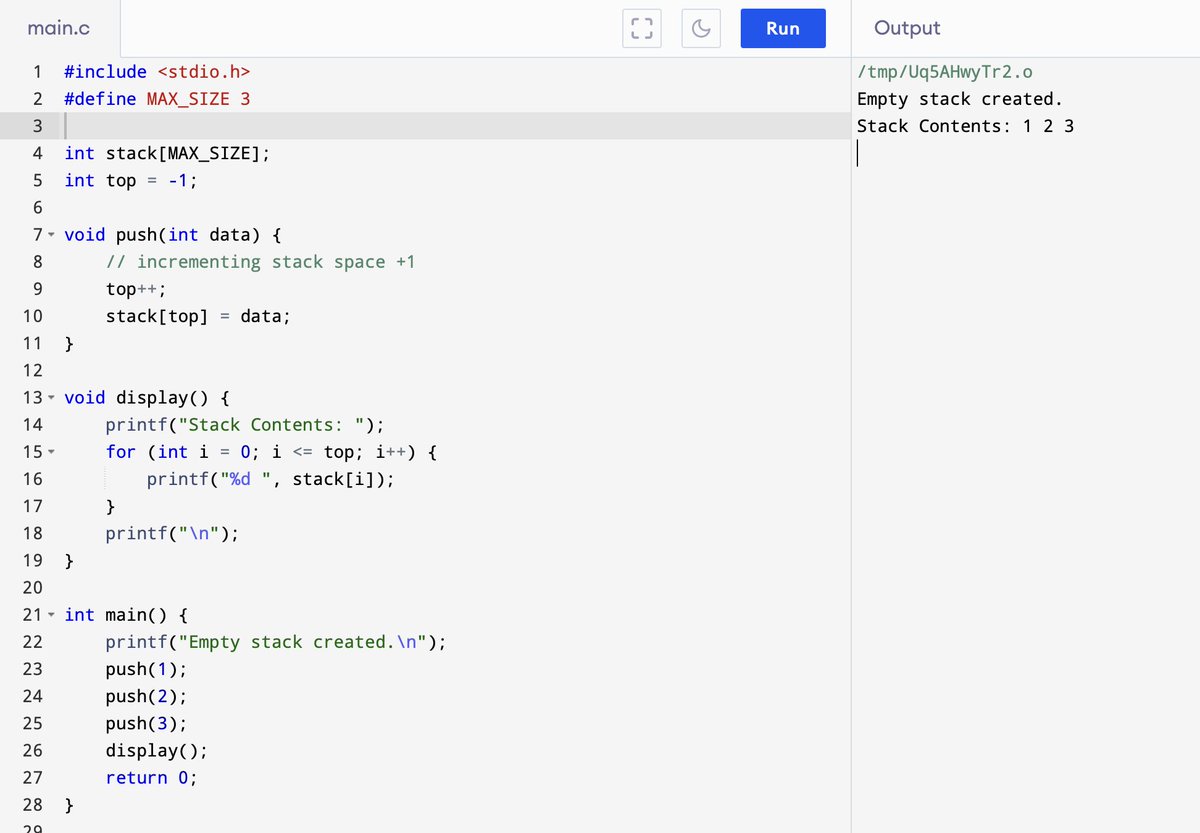 dilli_hangrae's tweet image. #60DaysOfLearning2023 #LearningWithLeapfrog #LSPPD2
Data Structure &amp;amp; Algorithm 
Stack - Linear Data Structure 
Implementation of Stack using Array in C