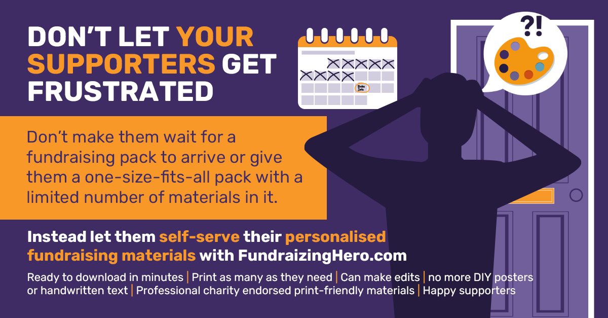 fundraizinghero's tweet photo. When speaking to supporters one of their biggest frustrations 😠leading to them either DIY their own materials or their motivation dropping was the delay waiting for their #fundraising pack to arrive. Fix it for them at https://t.co/7SvUpULTnh https://t.co/a6a4PmuAiM