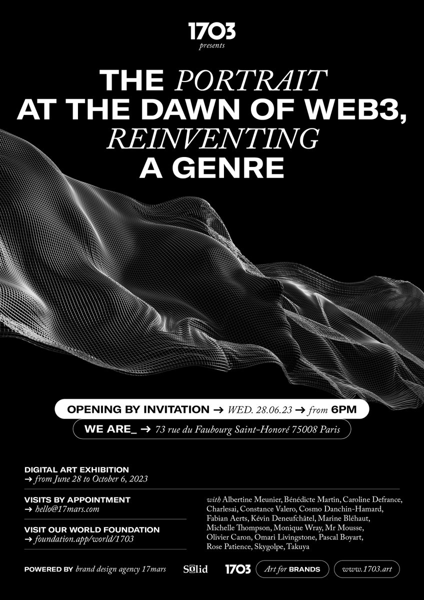 1703 (@1703_collective) on Twitter photo 🔶◼️Get ready for a mesmerizing journey into the world of #NFTs!
We are thrilled to announce "The Portrait at the Dawn of Web3, Reinventing a Genre"
Opening June 28th in a prestigious Paris venue <a href="/weare_sh/">we are_</a>
🌟Featuring star artists <a href="/skygolpe/">Skygolpe</a> <a href="/pascalboyart/">Pascal Boyart 🎨</a> <a href="/HODLFrance/">charlesai</a> and more! 🔶◼️Get ready for a mesmerizing journey into the world of #NFTs!
We are thrilled to announce "The Portrait at the Dawn of Web3, Reinventing a Genre"
Opening June 28th in a prestigious Paris venue <a href="/weare_sh/">we are_</a>
🌟Featuring star artists <a href="/skygolpe/">Skygolpe</a> <a href="/pascalboyart/">Pascal Boyart 🎨</a> <a href="/HODLFrance/">charlesai</a> and more!