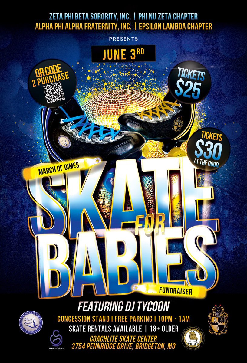 We are 1 day away!

Join #PhiNuZeta & the ICE COLD MEN of the Epsilon Lambda Chapter on Saturday, June 3rd as we put on the hottest skate party of the summer! 💙🤍🖤💛

#ZetaPhiBeta #ZPhiB1920 #MWRZetas #MOZetas #PhiNuZeta #STLGreeks #MarchofDimes #Fundraiser #Skating #STLevents