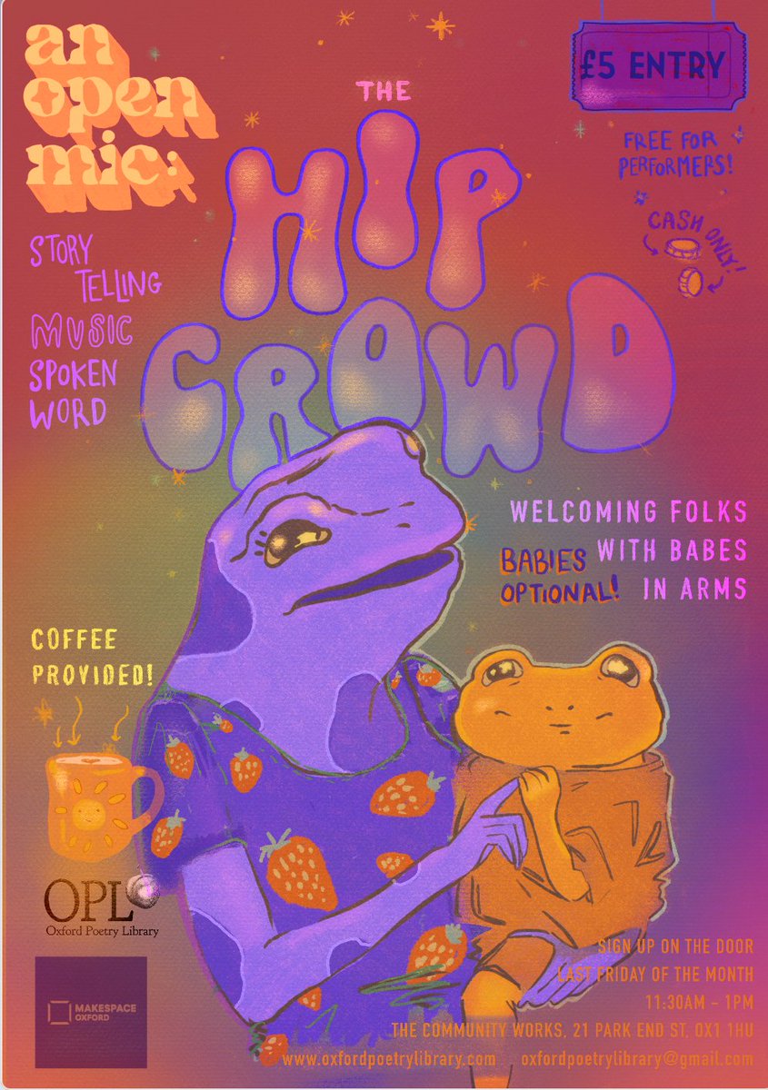 This month, we're launching a brand new open mic series, alongside @makespaceoxford... Announcing: THE HIP CROWD! 
An open mic especially for folks with babes-in-arms, but also open to all and everyone. Last Fri of the month, 11.30am at The Community Works oxfordpoetrylibrary.com/event/the-hip-…