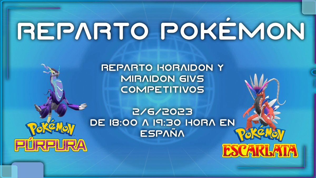 Hoy a las 18:00h en España estaré repartiendo Koraidon y Miraidon competitivos.       

Link: youtube.com/watch?v=gb3fTZ…

#Pokemon #Giveaways #Giveaway #Reparto #RepartoPokemon #PokemonGiveaways #YouTuber #YouTubers #YouTube #youtubechannel #pkmn #PokemonEscarlataPurpura