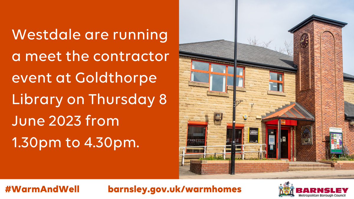 Meet our retrofit contractors @WestdaleLtd at Goldthorpe Library on Thu 8 Jun (1.30-4.30pm). They install external wall insulation at qualifying households that meet eligibility criteria for an insulation grant. See if you qualify at barnsley.gov.uk/warmhomes or call 01226 773366