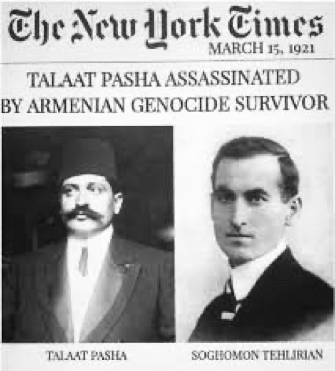 2 juin 1921, le tribunal Allemand a jugé Soghomon Tehlirian, qui avait exécuté à Berlin, le principal organisateur du génocide des Arméniens, Talaat Pacha
Verdict NON COUPABLE 
2 juin 2016, le Bundestag Allemand, a reconnu le génocide des 🇦🇲ainsi que la responsabilité de 🇩🇪
