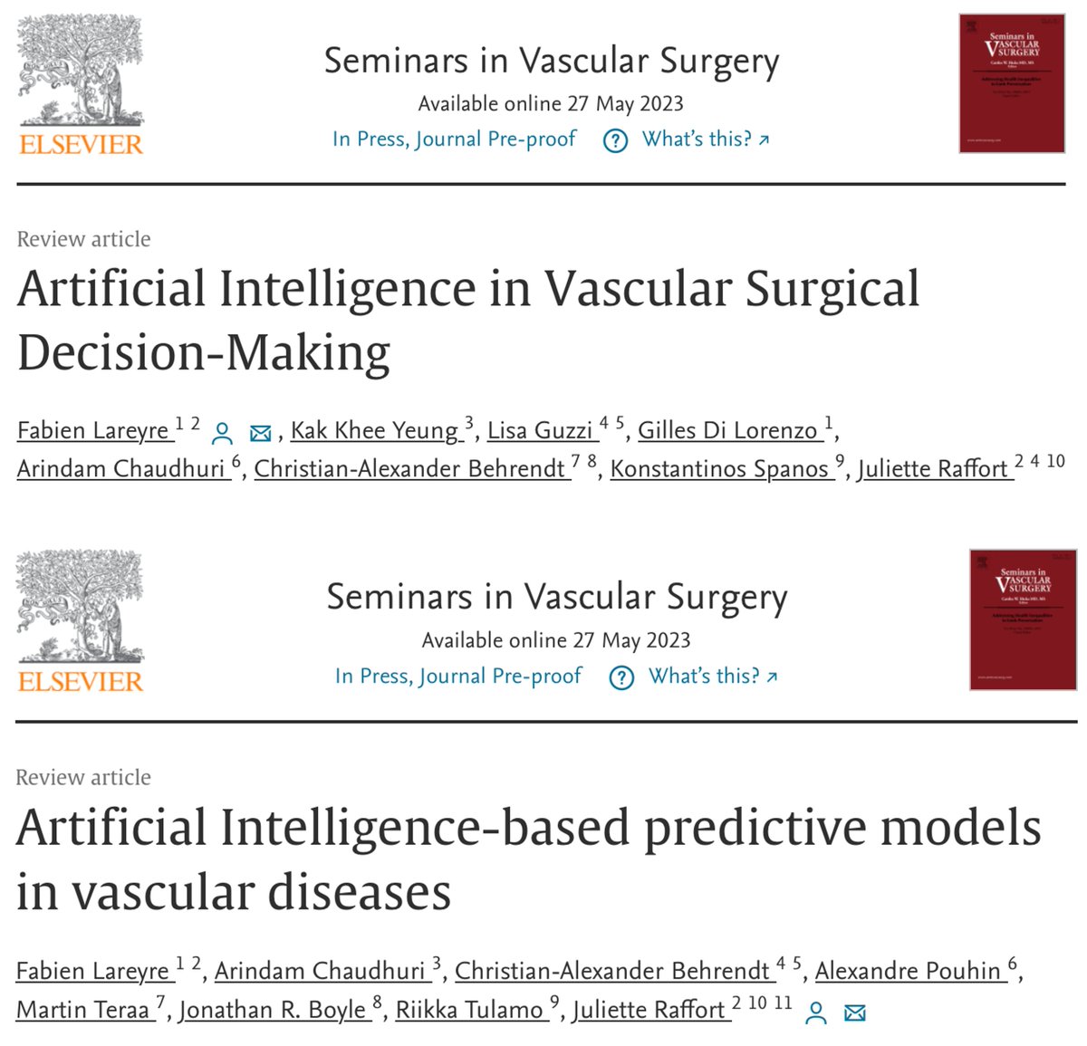Two reviews in press <a href="/SeminarVascSurg/">Seminars in Vascular Surgery</a> : great team work to summarize state of the art and potential of AI in vascular surgical practice sciencedirect.com/journal/semina… <a href="/LareyreRaffort/">Juliette Raffort-Lareyre</a> <a href="/Jonnyboyle1/">Jonathan Boyle</a> <a href="/vascularis/">Arindam Chaudhuri</a> <a href="/VASCevidence/">GermanVasc@CA_Behrendt</a> <a href="/CHUdeNice/">CHU de Nice</a> <a href="/hopitalAntibes/">Hôpital d'Antibes</a> @3IAcotedazur <a href="/CaitlinWHicks/">Caitlin Hicks MD, MS</a>