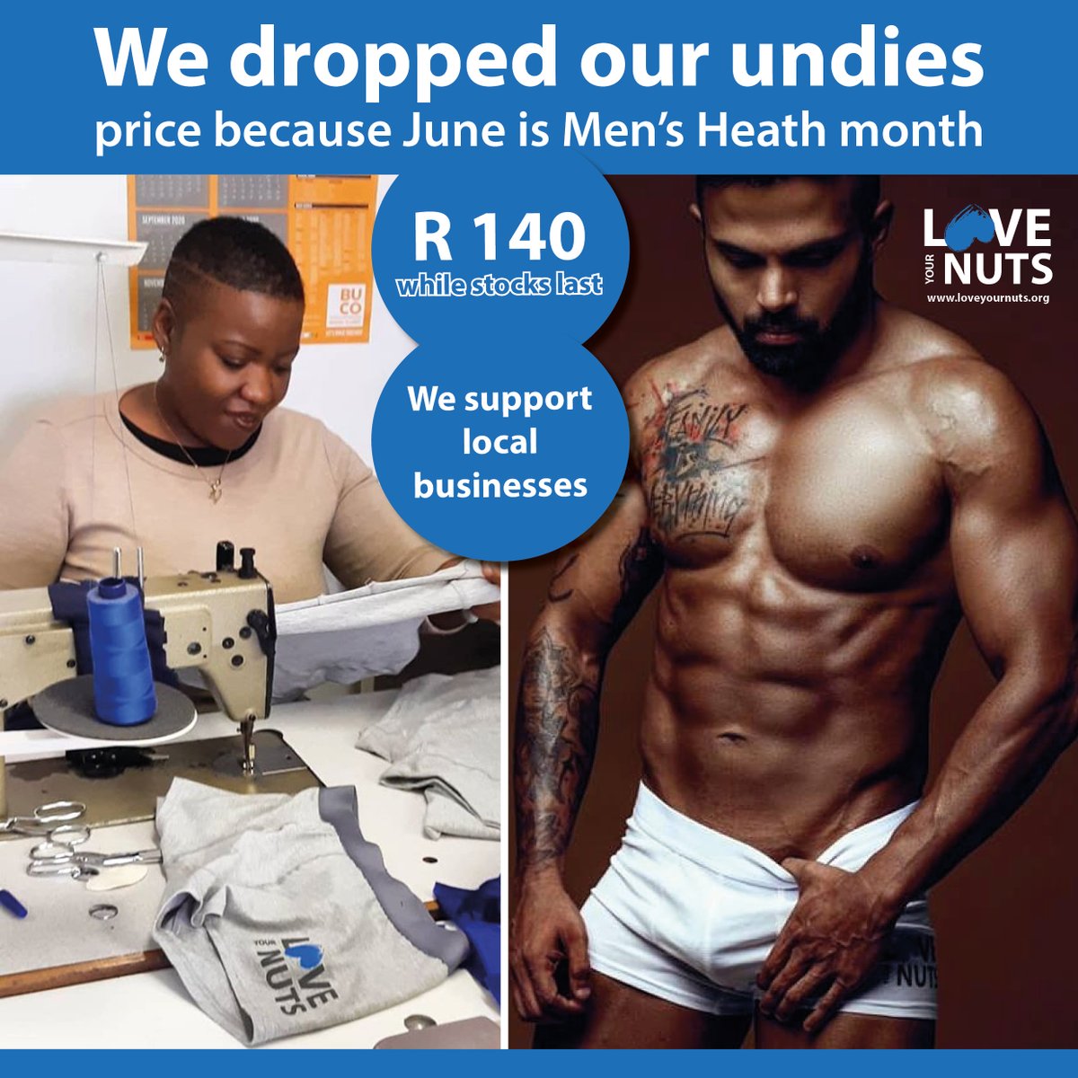 By supporting #loveyournuts you support local businesses too. We dropped our undies price because June is Men’s Health month!
Order online: loveyournuts.org/product-catego… Thanks for your fantesticle support!
#loveyournuts is #testicular #cancer education in a nutshell #localislekker