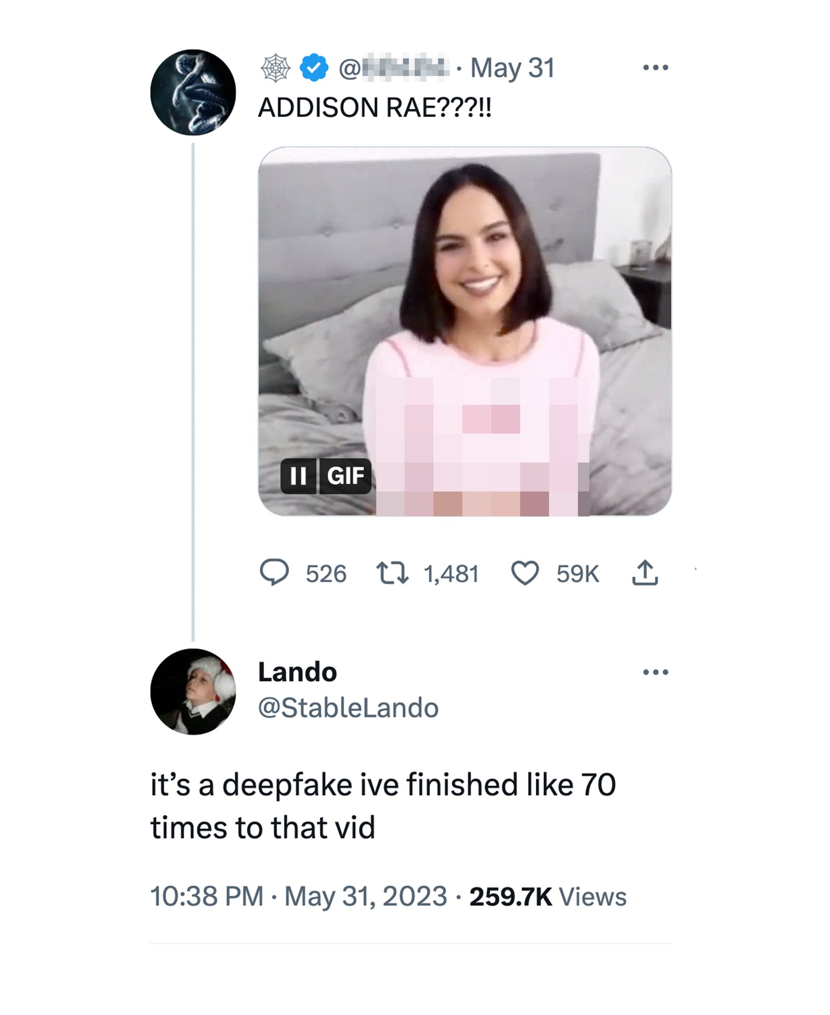 DramaAlert on X: Addison Rae deepfake has gone viral (20.7M views) and the  internet is split over it. DramaAlert Many are arguing that it is a  violation of her privacy, while others