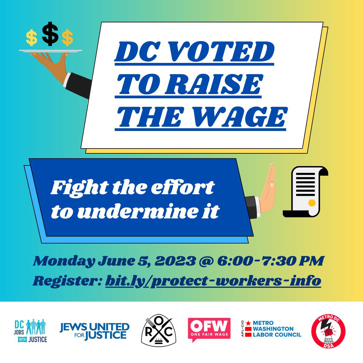 DC voters overwhelming supported #Initiative82 to raise the tipped minimum wage.

Now the restaurant lobby is trying to undermine it (again 🙃) 

Join us on Monday to learn about their efforts and how we can fight back.

💻: bit.ly/protect-worker…