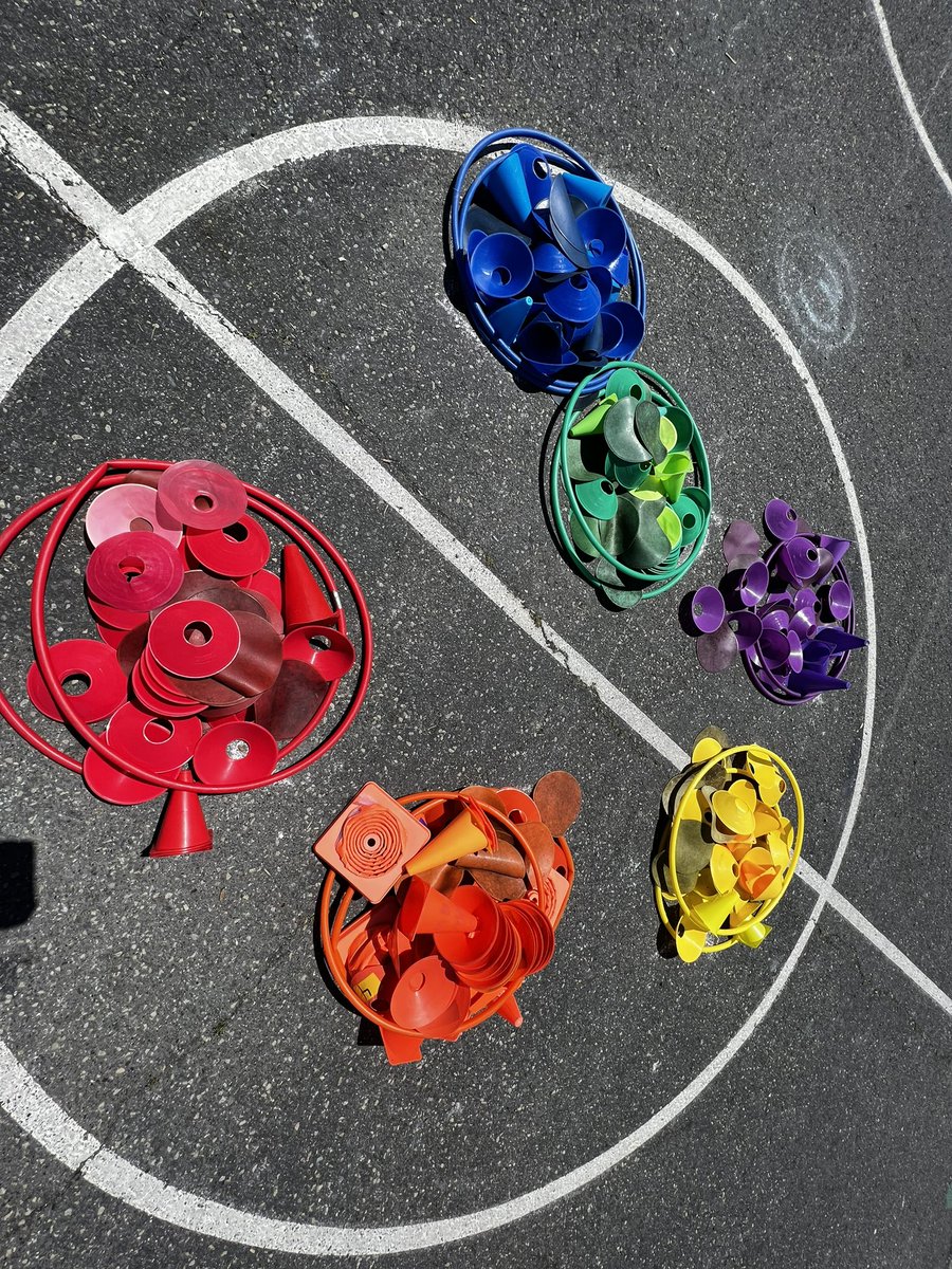 If you haven’t color coordinated your equipment you should! Makes clean up so much easier, faster, &amp; the kids love it👍🏽 #physed #iteachpe #pegeeks #elementarype