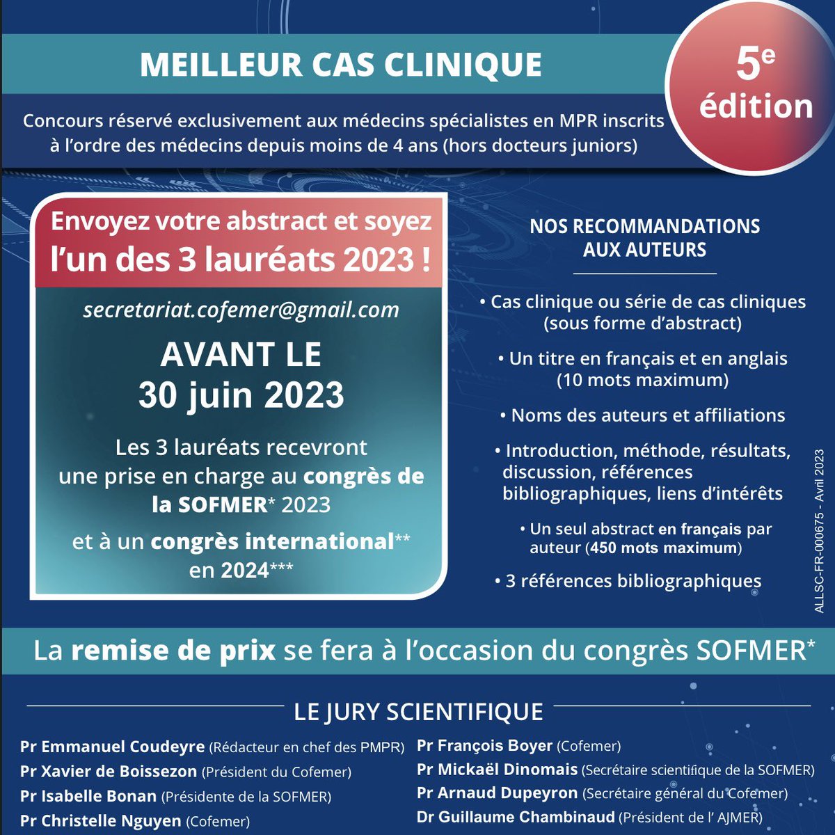 SOFMER (@sofmerofficiel) on Twitter photo đGrand Prix đ
Vous ĂȘtes mĂ©decin spĂ©cialiste en MPR et inscrit Ă lâ<a href="/ordre_medecins/">Ordre des MĂ©decins</a> depuis moins de 4 ans ?
Envoyez votre abstract avant le 30/06/23 et tentez de remporter une prise en charge pour le congrĂšs SOFMER 2023 et pour un congrĂšs international en 2024 !
#medecine đGrand Prix đ
Vous ĂȘtes mĂ©decin spĂ©cialiste en MPR et inscrit Ă lâ<a href="/ordre_medecins/">Ordre des MĂ©decins</a> depuis moins de 4 ans ?
Envoyez votre abstract avant le 30/06/23 et tentez de remporter une prise en charge pour le congrĂšs SOFMER 2023 et pour un congrĂšs international en 2024 !
#medecine