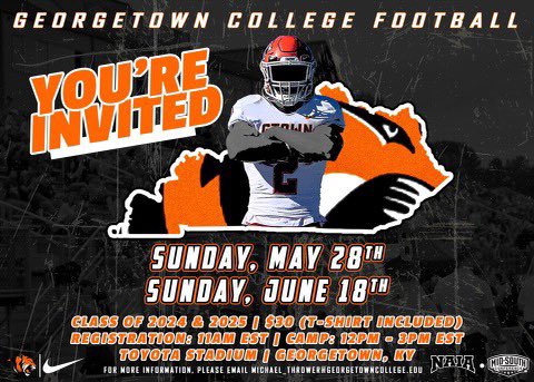Thank you <a href="/coach_grady/">Clyde Grady</a> for the invite to the <a href="/Gtown_Football/">Georgetown College Football</a> Camp. I also look forward to meeting you at the <a href="/WKUFootball/">WKU Football</a> Camp this Sunday.