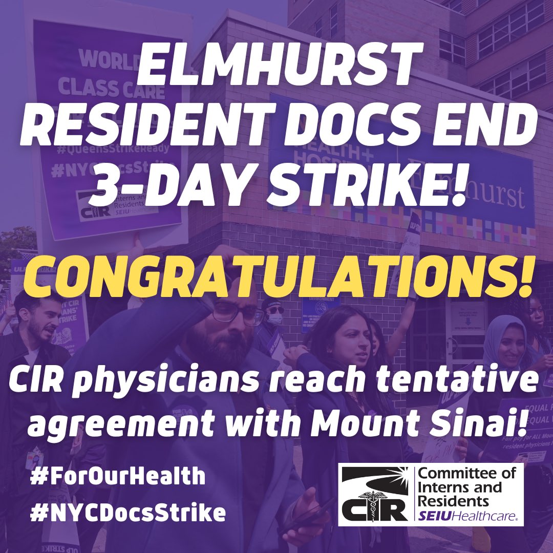 Congrats to @mountsinainyc resident physicians at Elmhurst Hospital who just announced they won an agreement and are ending their 3-day strike! So proud of these @cirseiu resident docs for refusing to let corporate medicine leave Queens & immigrant workers behind! #NYCDocsStrike