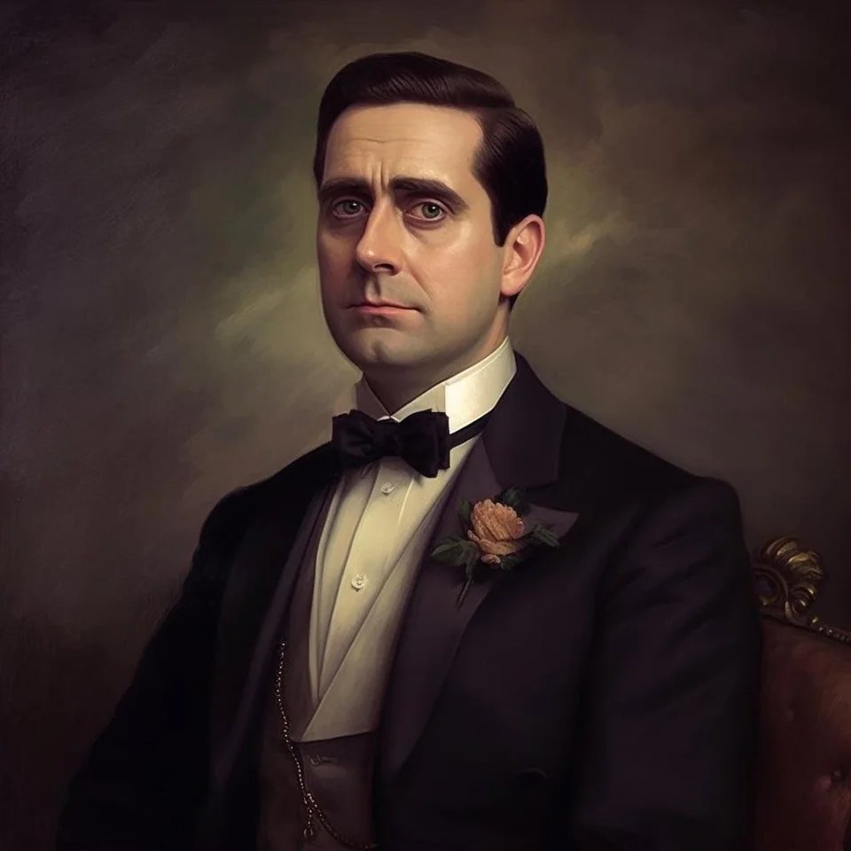 FluentInFinance's tweet photo. AI-generated images of "If The Office took place in the 1800s" (using Midjourney):

1) Michael Scott from The Office, in the 1800s: https://t.co/lpAyG6ZVuR
