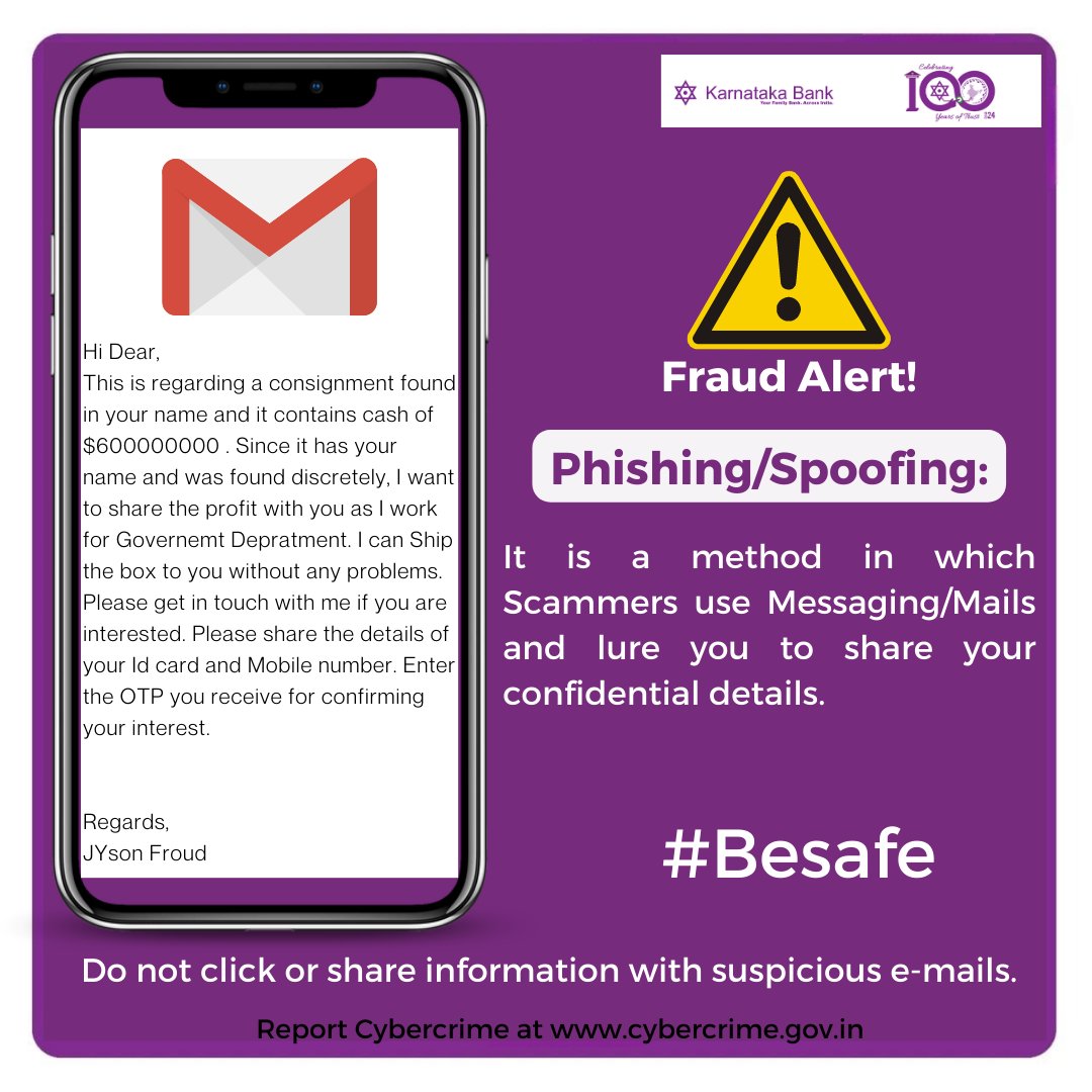 #Besafe while sharing your information over e-mails.

For more safe banking tips, visit our website:
rb.gy/6tlef

#karnatakabank #besafe #fraudalert #fraudawareness #bankingfraud #phishing #banking #easybanking