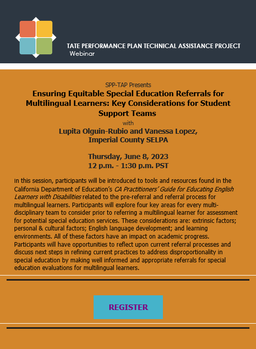el_swd's tweet image. Hello friends! Please join us for our upcoming session with SPP TAP focused on Equitable SPED Referrals for Multilingual Learners: Key Considerations for Student Support Teams. Register here: bit.ly/43kwdXm #DuallyIdentified #MultilingualLearnersWithDisabilities #ICSELPA