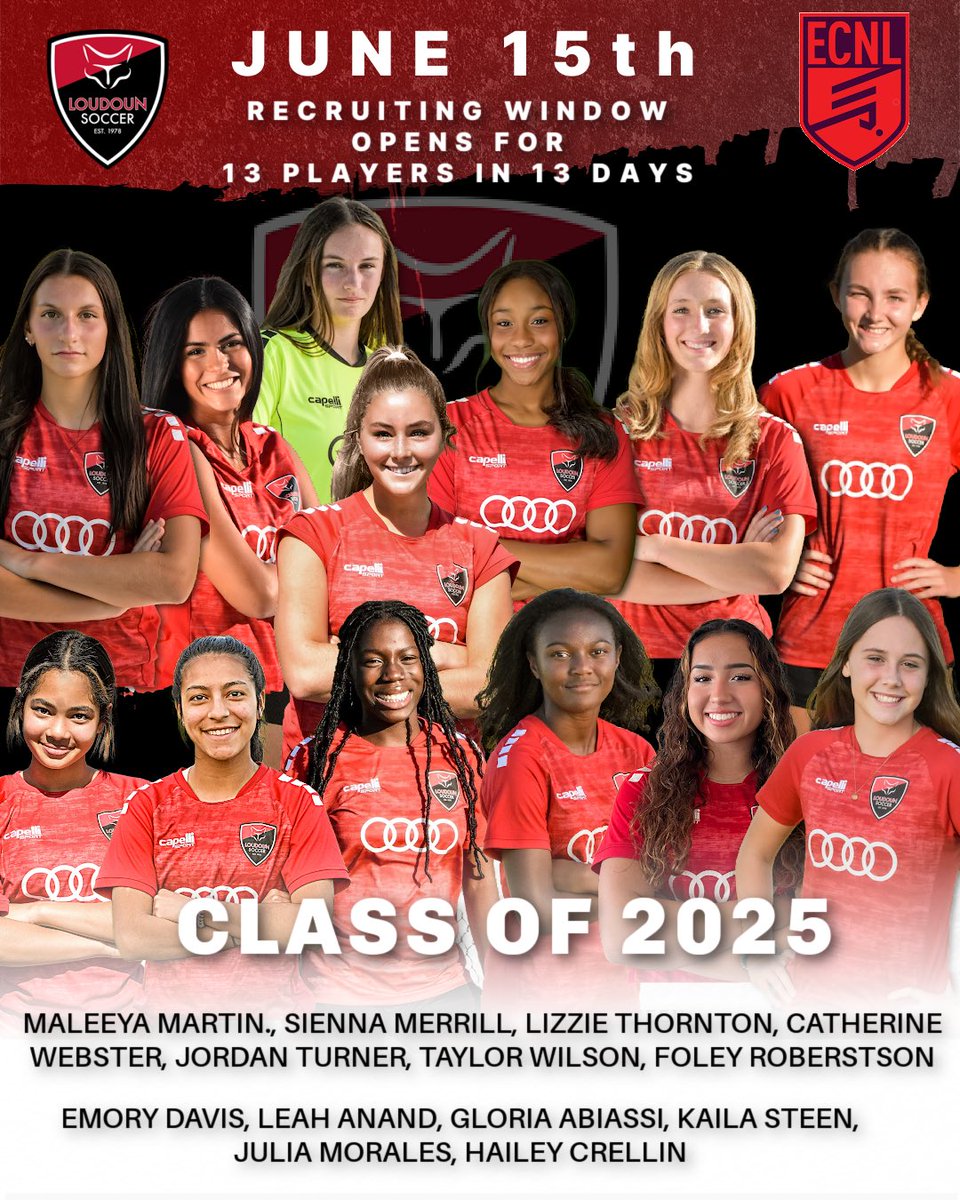 13 players take a big step forward in 13 days as the recruiting window opens! 
Congratulations to these amazing young women as they will surely make an impact at the college level! <a href="/TheSoccerWire/">SoccerWire</a> <a href="/ImCollegeSoccer/">College Soccer Truth ™</a> <a href="/ImYouthSoccer/">ECNL/GA/Recruiting/College Soccer</a> <a href="/TopDrawerSoccer/">TopDrawerSoccer</a> <a href="/PrepSoccer/">Prep Soccer ⚽️</a> <a href="/ECNLgirls/">ECNL Girls</a> <a href="/loudounsc/">Loudoun Soccer</a>