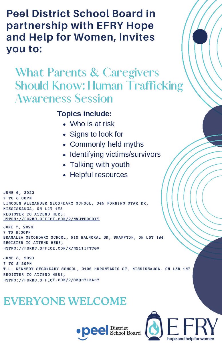 Parents and caregivers, join us on June 6, 7, or 8 for our Human Trafficking Awareness session.

We will cover topics such as identifying and preventing human trafficking, as well as providing resources and support for victims of trafficking.

Register at pdsb.me/HTA
