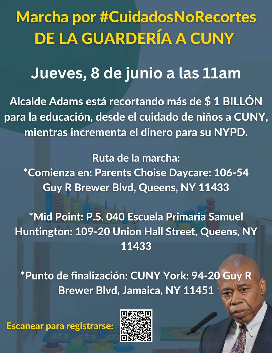 Let’s march together and stand up for #CareNotCuts on June 8th! Tell Mayor Adams NO MORE CUTS. 

@nychange @workingfamilies @QueensWFP @MaketheRoadNY @PeoplesPlanNYC