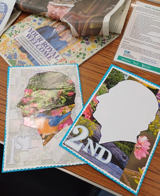 BarnetLibraries's tweet photo. And finally for this week, here are some really lovely designs from the children who attended the half term event at #GoldersGreenLibrary last Tuesday. They created giant postage stamps, collages and tracing method portraits to commemorate May's coronation of King Charles III. https://t.co/D0OspHG1y2
