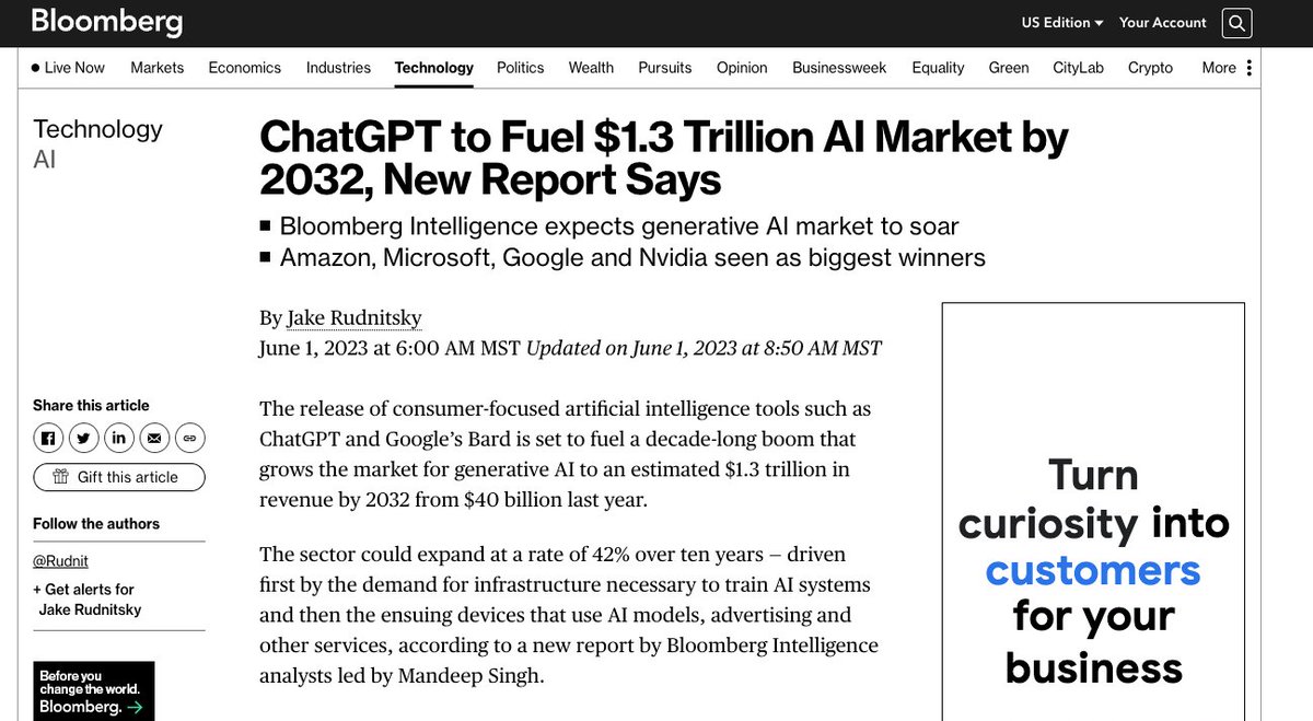 Friendly reminder that we're still in the very early innings here. Current market is $40BN. Expected to be a $1.3 Trillion Market in ten years. Realistically I could see it being significantly larger than that.

Key Thoughts:

1. You can put off diving into AI because it's "too