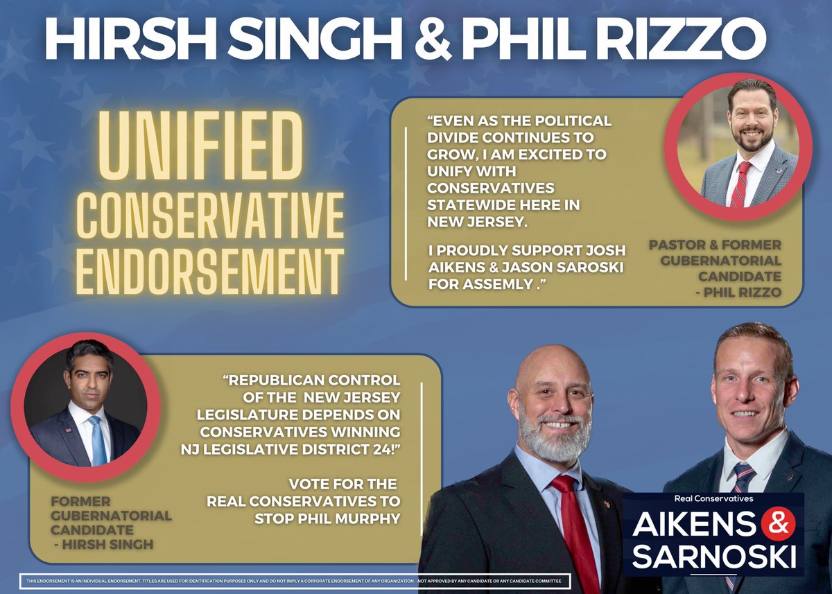 💥ANNOUNCEMENT💥

<a href="/HirshSingh/">Hirsh Vardhan Singh</a> and I are excited to unify the conservative base TOGETHER. 

Standing together we represent the statewide MAJORITY.  

"United we stand, divided we fall"

Vote <a href="/Aikens_Josh/">Josh Aikens 🏴 ™️</a> &amp; <a href="/JasonSarnoski/">Jason Sarnoski</a>