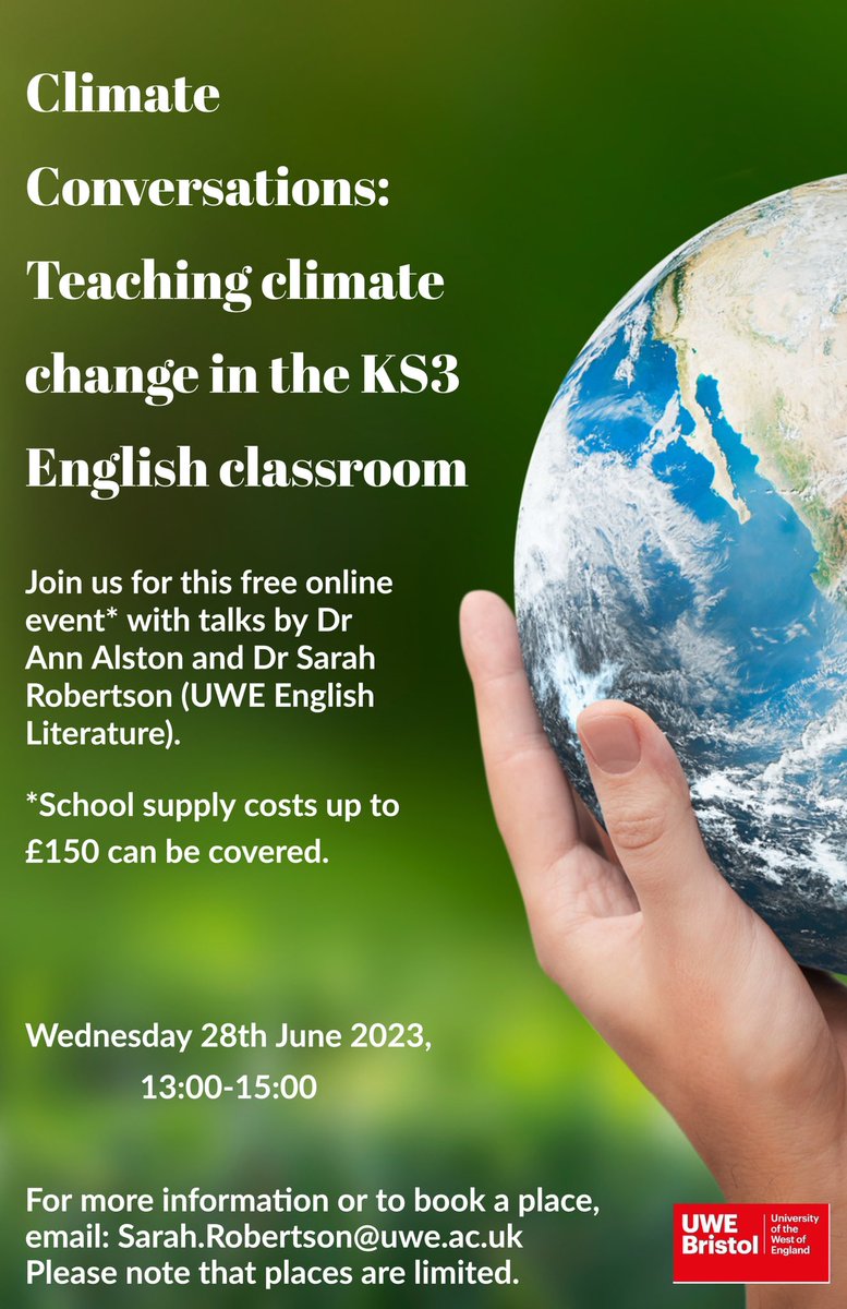 Calling KS3 English teachers! With schools increasingly delivering climate change education, join <a href="/SRobs_Bristol/">Dr Sarah Robertson</a> and <a href="/AnnAlston17/">Dr Ann Alston</a> for a free online workshop to showcase how English can play a crucial part in this educational development. #earthlyeducation