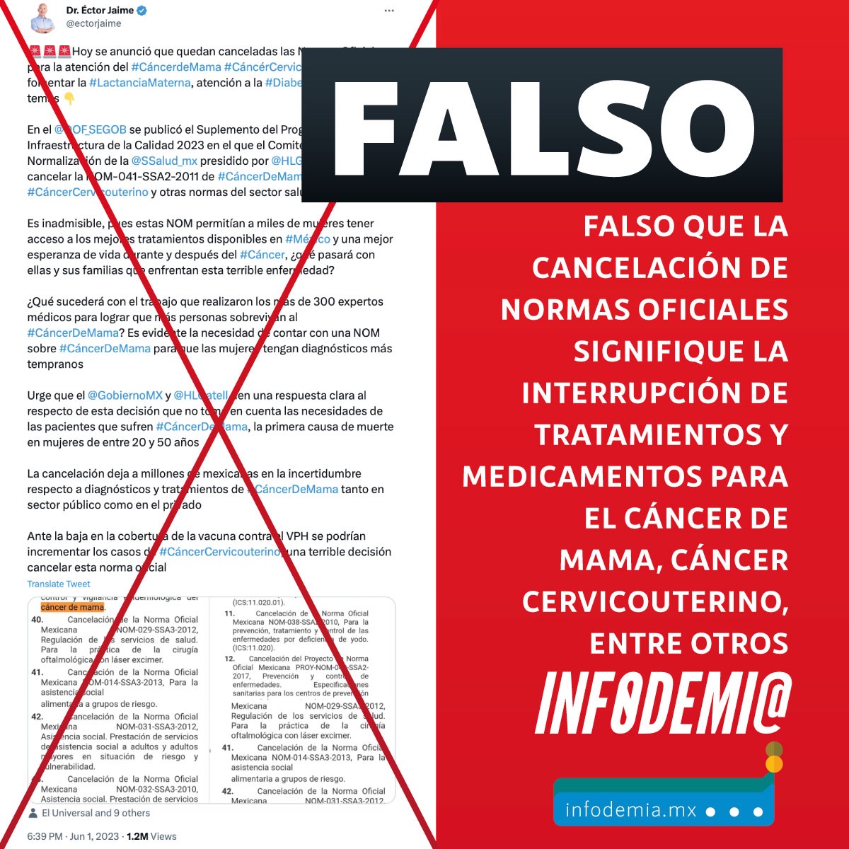 infodemiaMex's tweet photo. ❌Falso que la cancelación de NOM signifique la interrupción de tratamientos y medicamentos para el cáncer de mama, cáncer cervicouterino, entre otros

✅@HLGatell  aclaró que es falso que la cancelación de las NOM signifique la interrupción de tratamientos y medicamentos.
1/2 https://t.co/mMntXGIsX4