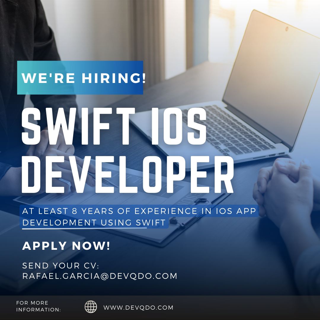 DevQDo's tweet image. We are looking for➡️
Swift iOS Developer

Just send your resume to: 📩rafael.garcia@devqdo.com
or apply
💻 devqdo.com/apply-now/

#hiring #iosdeveloper #swiftiosdevelopement  #remotework #Mentoring #DevQDo #Developer #QA #remotework
