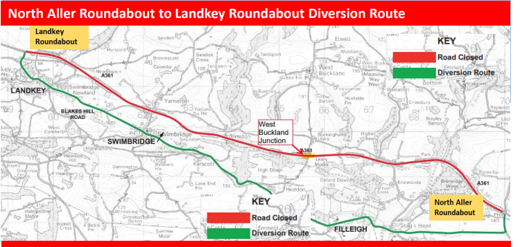 This week on Monday 5th, Tuesday 6th and Wednesday 7th June 2023 there will be night closures of the A361 #NDevon Link Road between #Landkey Roundabout and North Aller Roundabout. Do check your journey before travelling.🛑