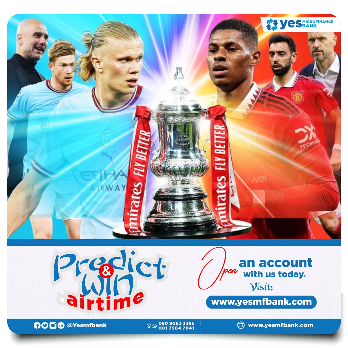 Be 1 of the first 3 to predict the score correctly and win airtime.
Don't miss the match, pay your cable tv bills on your Yes Bank account. Open a Yes Bank account now!
Visit: yesmfbank.com   
Please share.
#yesmfbank #FACup #finalmatch #Football #share #mancityvsmanu