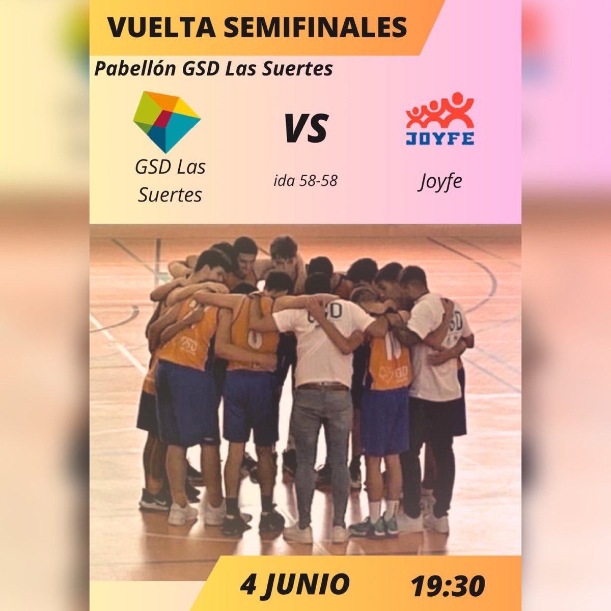 El equipo federado de baloncesto de GSD Las Suertes disputa la vuelta de semifinales después del partidazo de ida jugado a domincilio con Joyfe con resultado de empate a 58. ¡Contamos con vosotros! #somosgsd #somosnaranjas