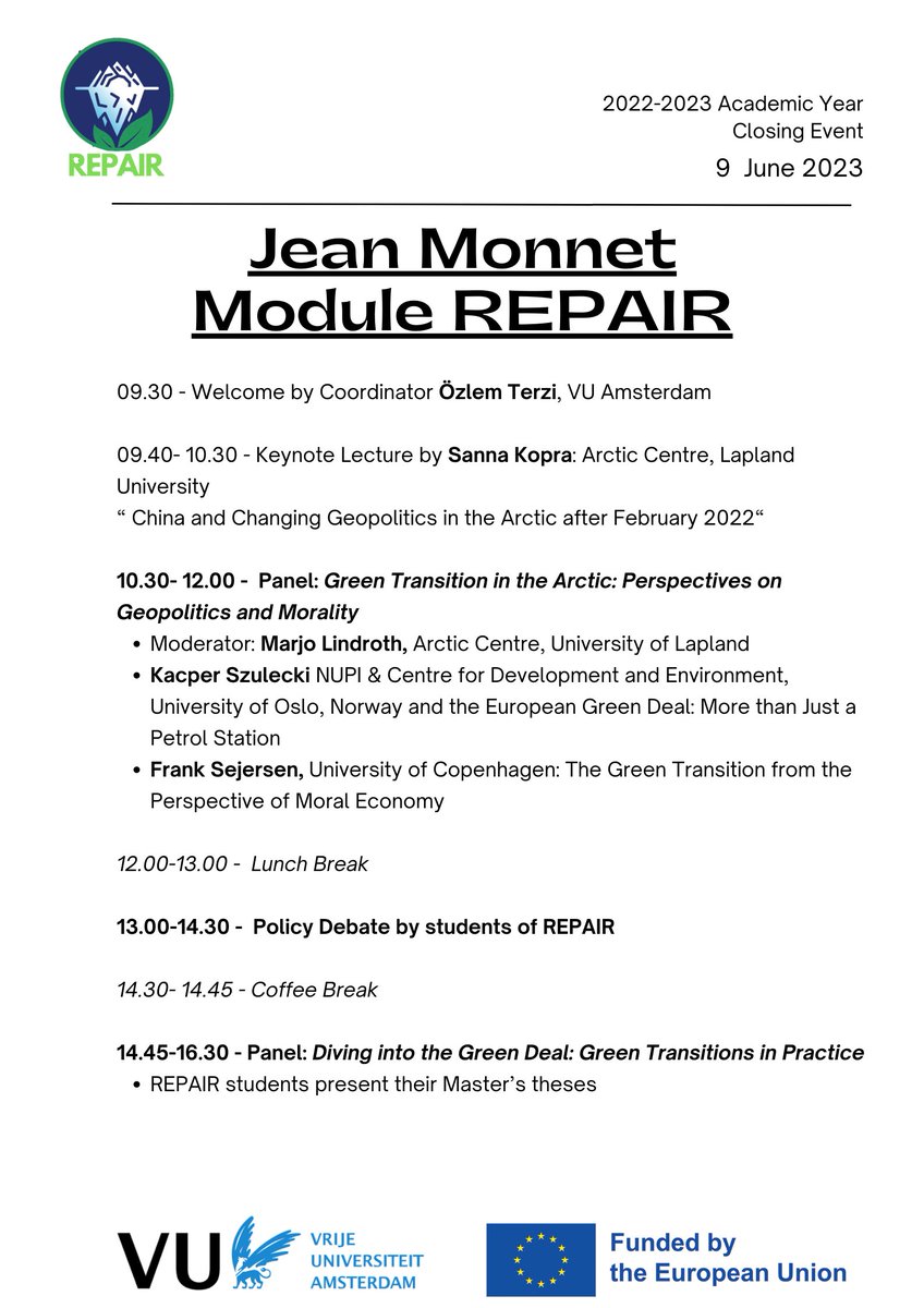 JM Module REPAIR (@repairjmmodule) on Twitter photo We are concluding the first academic year of REPAIR on 9th June with a public online event that features <a href="/SannaKopra/">Sanna Kopra</a> , <a href="/KacperSzulecki/">Kacper Szulecki</a> , Frank Sejersen and Marjo Lindroth. Our students take over in the afternoon. Programme below, please register by forms.office.com/e/ph9C3nyPkv We are concluding the first academic year of REPAIR on 9th June with a public online event that features <a href="/SannaKopra/">Sanna Kopra</a> , <a href="/KacperSzulecki/">Kacper Szulecki</a> , Frank Sejersen and Marjo Lindroth. Our students take over in the afternoon. Programme below, please register by forms.office.com/e/ph9C3nyPkv