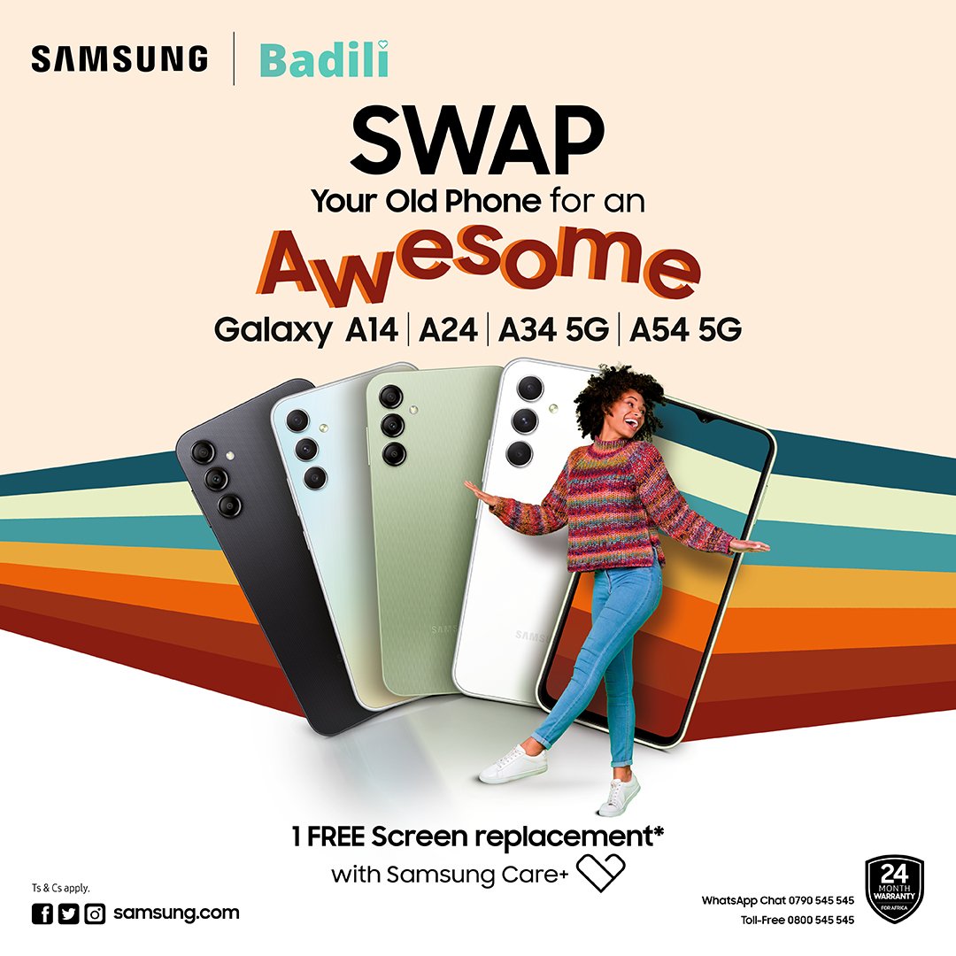 Samsung Care Plus from Badili Africa gives you a chance to swap your old phone for a new amazing #GalaxyASeriesKE A14, A24,A34 5G or A54 5G!

For more information, visit any of the nearest @SamsungMobileKE Stores or click linktr.ee/samsungkenya. 

#AwesomeIsForEveryone