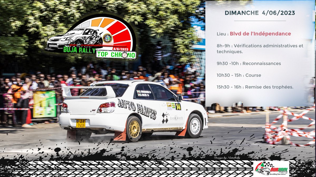 Programme Buja Rally Top Chrono 4/06/2023 :

*8h-9h* : Vérifications administratives et techniques. 

*9h30 -10h* : Reconnaissances 

*10h30 - 15h* : Course 

*15h30 - 16h* : Remise des trophées.