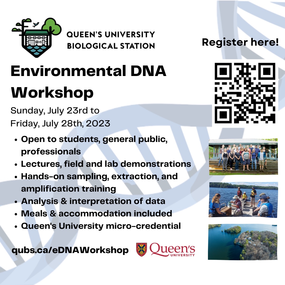 sclougheed's tweet photo. We are again offering an eDNA workshop. Join us @QUBioStation July 23 to 28th for hands-on insights on environmental DNA applications in environmental assessment and biodiversity conservation https://t.co/ZCFJ5DyDue