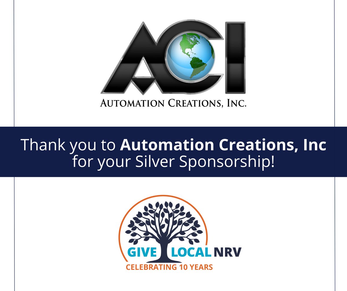 The Community Foundation of the New River Valley (@cfnrv) on Twitter photo Thanks to <a href="/ACIwebs/">Automation Creations</a> for your Silver Sponsorship of #GiveLocalNRV! We really appreciate your partnership. Thanks to <a href="/ACIwebs/">Automation Creations</a> for your Silver Sponsorship of #GiveLocalNRV! We really appreciate your partnership.