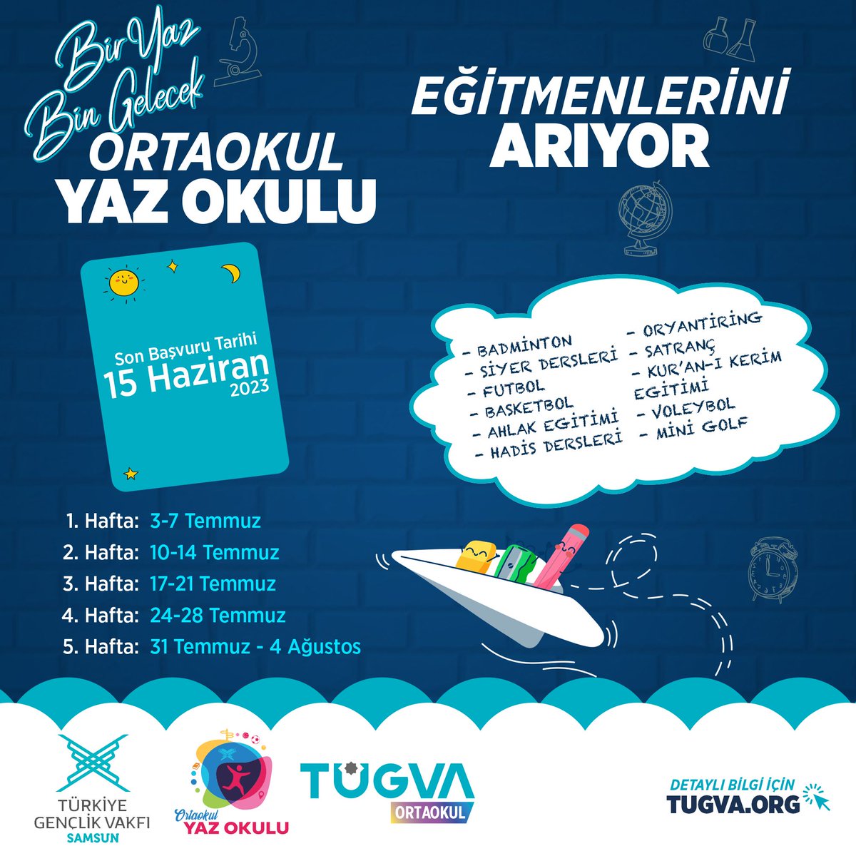 Havalar Isındı !☀️ Geri Sayım Başladı! ⏳

📢 Gençlerin eğlenirken öğrenmeye doyamadığı Ortaokul Yaz Okulu programımız için eğitmen başvuruları açıldı❕

Başvuru için 📲 
forms.gle/SsGaxQdJfFPgrS…