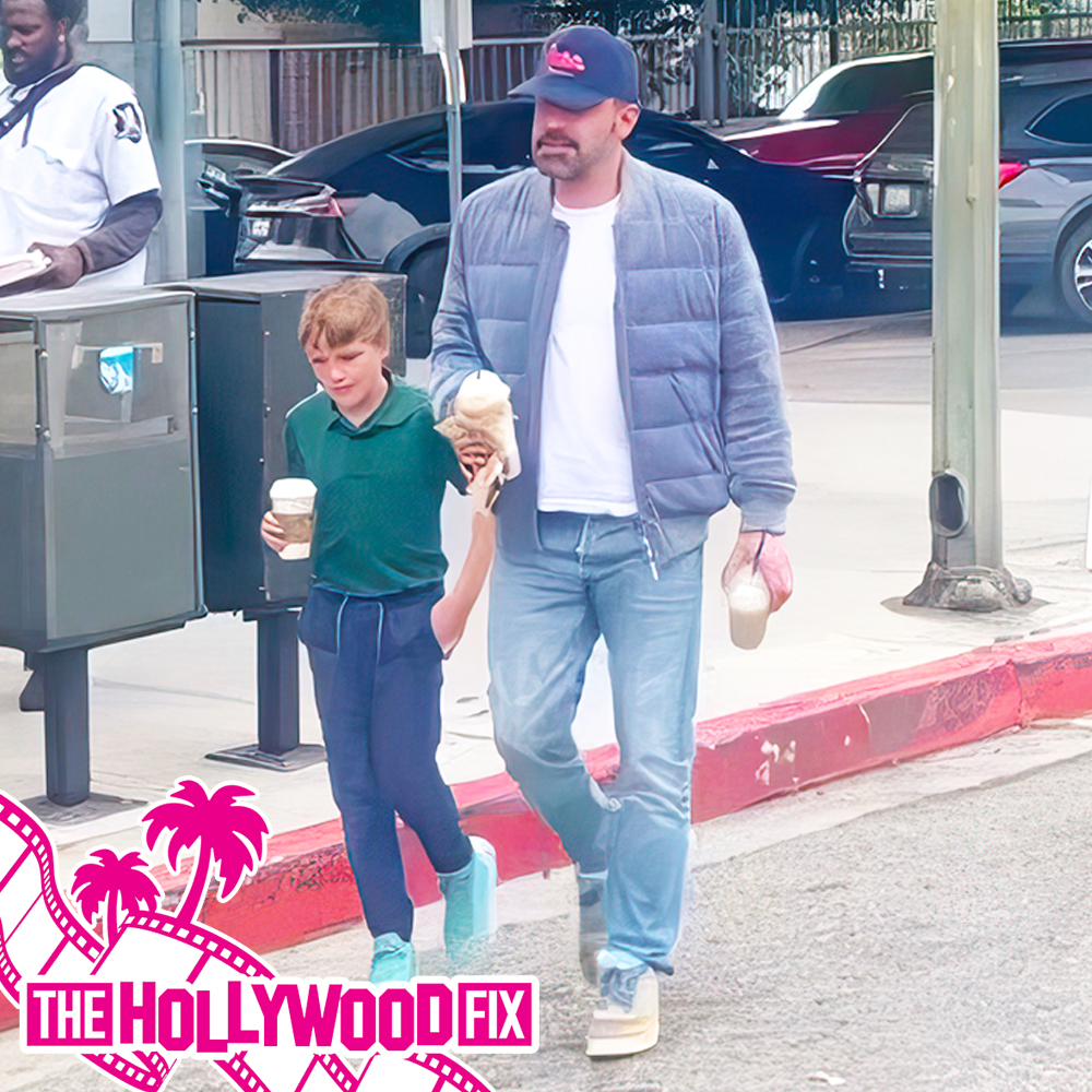 HollywoodFix's tweet photo. #BenAffleck &amp; His Son #SamuelAffleck Hit #Starbucks While Rocking The #UnionLA x #Nike #AirJordan 4 Desert Moss Retro's In Los Angeles, CA https://t.co/ce2TgdmTby [Video &amp; Imagery Supplied By Sil/SplashNews.com] https://t.co/LReRFmZecj