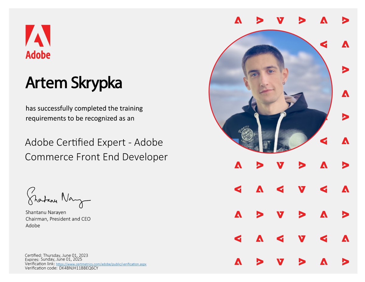 eltrinoteam's tweet image. Artem has achieved the remarkable status of an Adobe Certified Expert - Adobe Commerce Front End Developer 😎 Congratulations to him! 👏  #eltrino #magento #magentodevelopers #AdobeCertifiedExpert #AdobeCommerce.