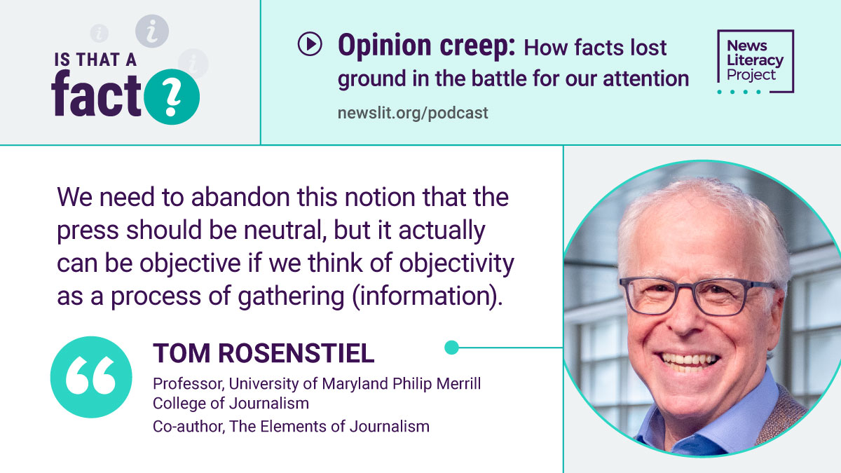 As he also discusses in the @kellymcb @Poynter piece below, @TomRosenstiel thinks the term 'objective' is misused & misunderstood & prefers to use 'open-minded inquiry' to describe the journalistic process. 🎧 Listen on 'Is that a fact?' ➡️ bit.ly/s3e5NLP