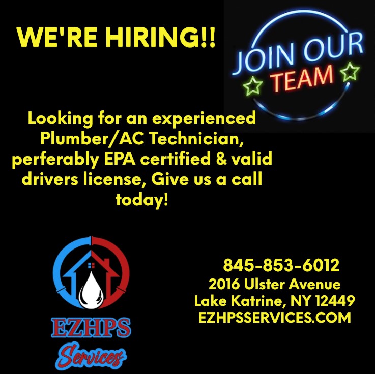 WE'RE HIRING!! Give us a call today 845-853-6012 or inquire with-in @ 2016 Ulster Avenue Lake Katrine, NY 12449

#plumbing
#airconditioning
#familyownedandoperated
#local
#joinourteam