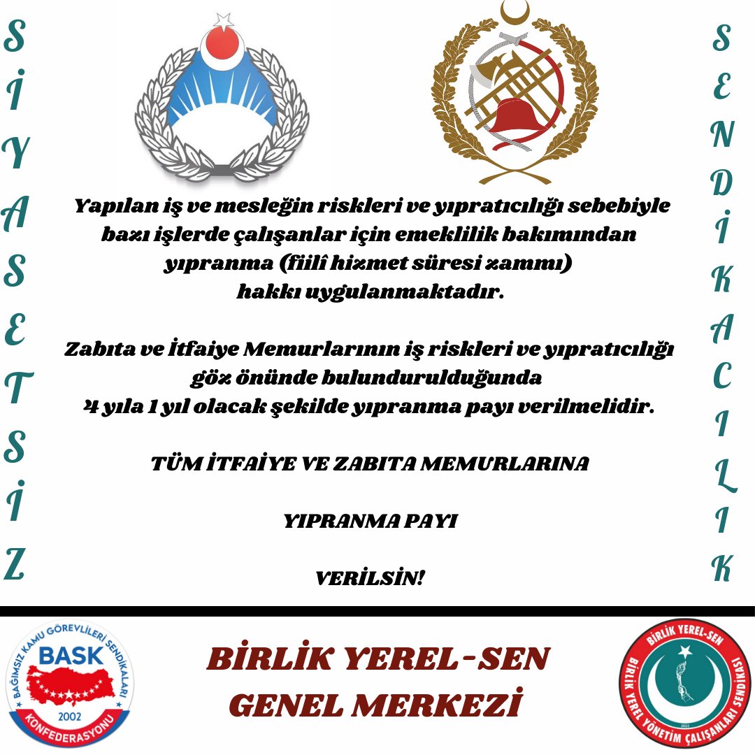 Zabıta ve İtfaiye Memurlarının iş riskleri ve yıpratıcılığı göz önünde bulundurulduğunda  
4 yıla 1 yıl olacak şekilde yıpranma payı verilmelidir.

TÜM İTFAİYE VE ZABITA MEMURLARINA
YIPRANMA PAYI VERİLSİN!
#yıpranma
<a href="/RTErdogan/">Recep Tayyip Erdoğan</a> <a href="/csgbakanligi/">T.C. Çalışma ve Sosyal Güvenlik Bakanlığı</a> <a href="/csbgovtr/">T.C. Çevre, Şehircilik ve İklim Dğş. Bakanlığı</a> <a href="/ZabitaTV/">🇹🇷 👮‍♂️ Zabıta TV 👮‍♀️ 🇹🇷</a>