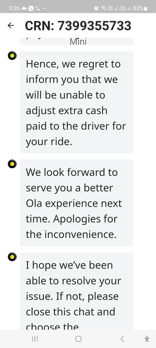 PagedarSudeep's tweet photo. @Olacabs @ola_supports driver argued with me saying ola money has not been received and forced me to pay the same amount INR 332 by PayTM and your in-app support is useless in registering a complaint and getting a suitable resolution. I expect an immediate refund of my ola money https://t.co/XPgN7UIwbR