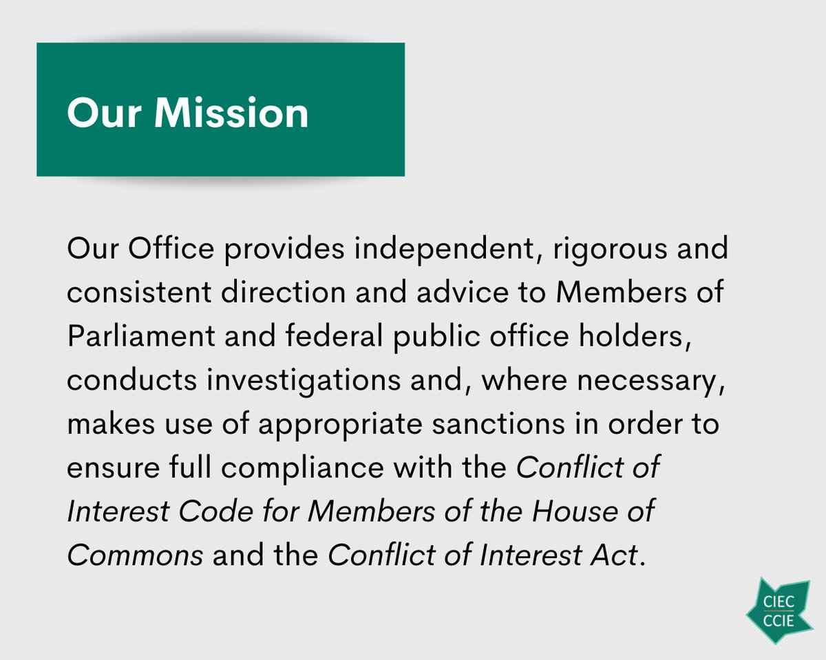 EthicsCanada's tweet photo. What’s the mandate of the #Ethics Commissioner’s Office? To administer the #COIAct for public office holders & #MembersCode for MPs.
Read more: https://t.co/qgBUIovQDI
#Leadership #Prevention https://t.co/fKbZnEBE23