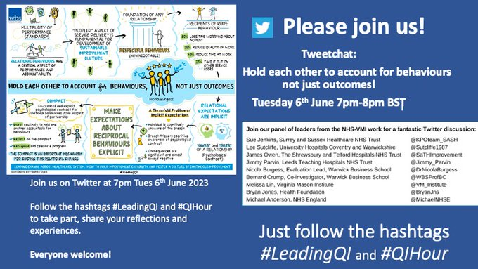 There's been massive interest in 'hold each other to account for behaviours, not just outcomes', the latest sketchnote & blog from @DrNicolaBurgess. Tweetchat on this topic next Tues 6 June, 7-8pm BST. Everyone welcome. Just follow the hashtags #LeadingQI #QIHour at this time.…