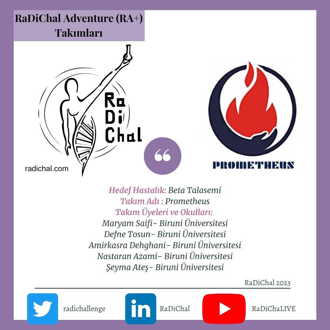 RaDiChallenge's tweet photo. RaDiChal 2023, Nadir Hastalıklar Genetik Tedavi Yarışmamıza katılan takım:                     ,

Prometheus                    

Biruni Üniversitesi ✨                 

Hedef Hastalık: Beta Talasemi https://t.co/tK3Wme6daX