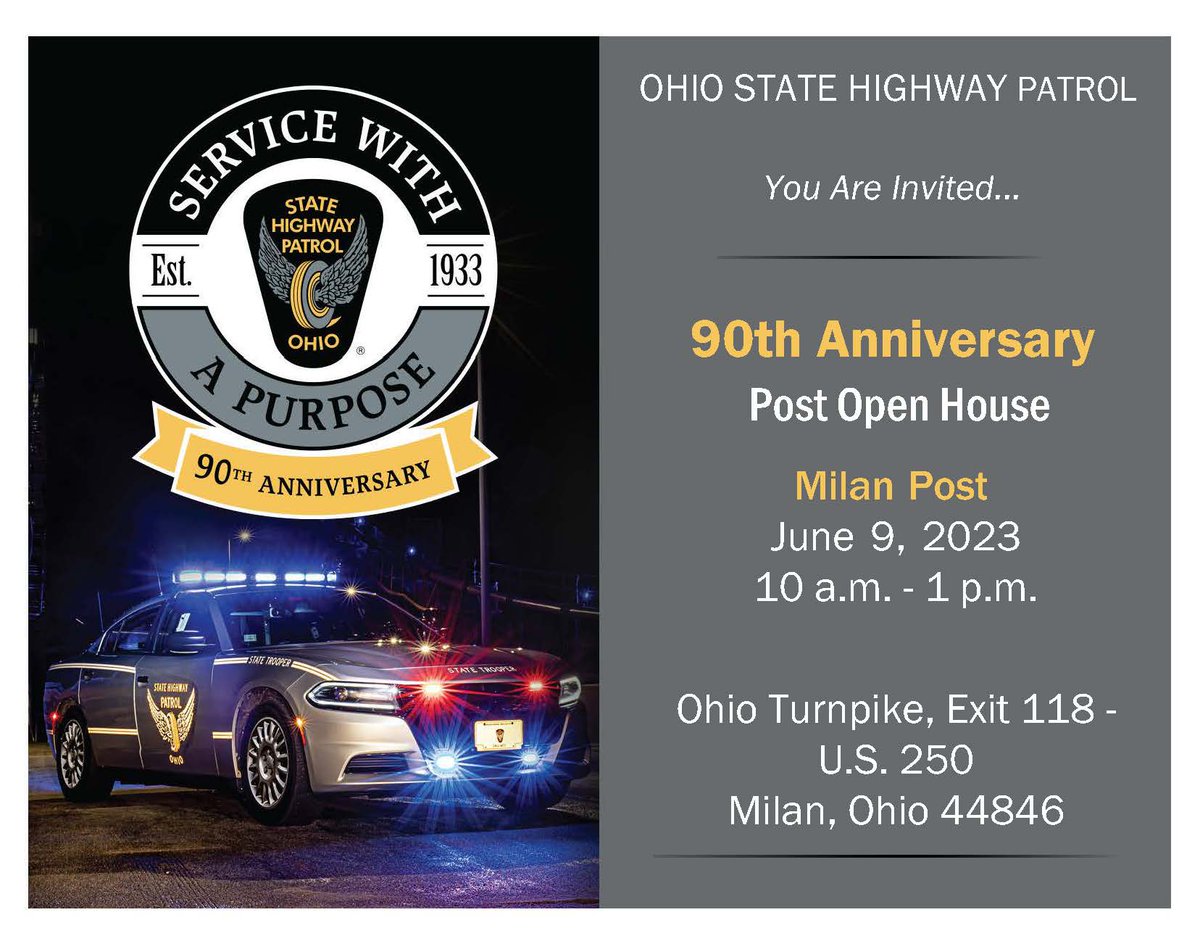 🚨SAVE THE DATE!🚨Please join us in celebrating the Ohio State Highway Patrol's 90th anniversary at the Milan Post on June 9 from 10 a.m. - 1 p.m. Come tour the post, meet personnel, talk to a recruiter to #JoinOSHP, or sign up for @dollyslibrary. #OSHP90th