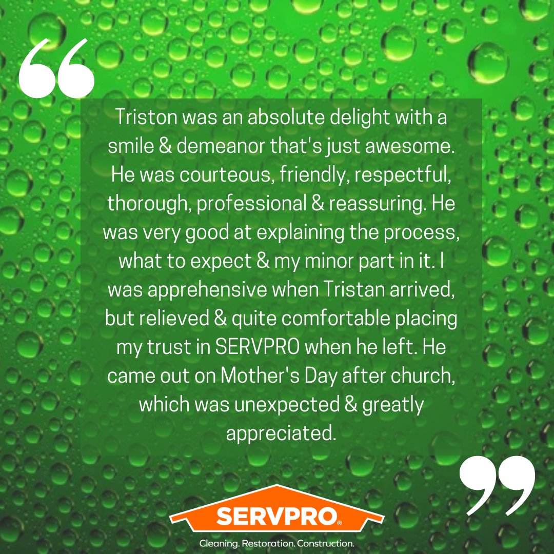Today our FIVE STAR FRIDAY gets dedicated to Triston and our amazing SERVPRO TEAM! We're grateful for our hardworking team members who are always ready to tackle any challenge. Thank you for all your hard work! ⭐⭐⭐⭐⭐