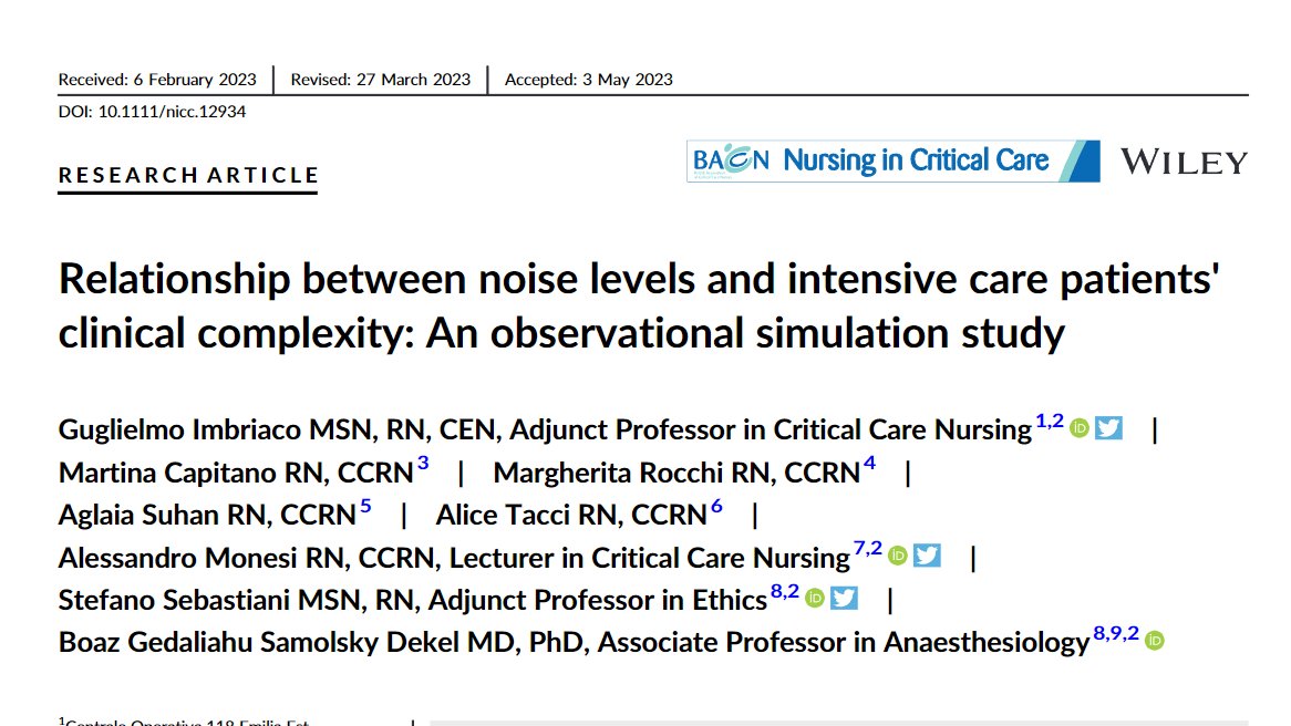 Relationship between noise levels and intensive care patients' clinical complexity: An observational simulation study 🔊
Happy to share our new research paper, '', just published #OpenAccess on @niccjournal 

#FOAMcc @FOAMicu #ICUnursing #criticalcare

🔗onlinelibrary.wiley.com/doi/10.1111/ni…